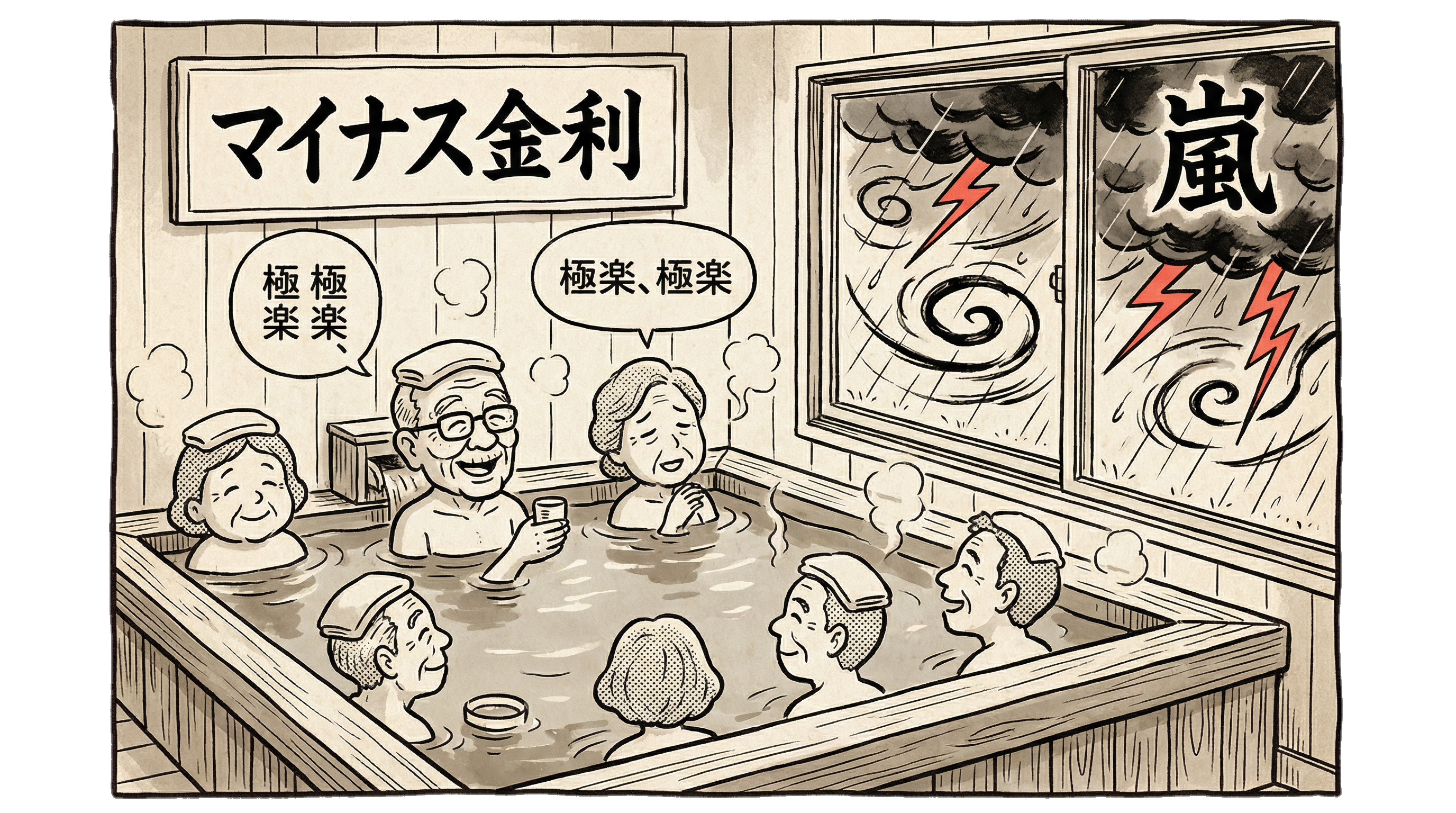 Elderly people in a bath labeled Negative Interest Rates